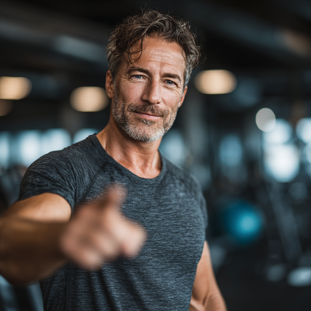 Middle-aged fitness instructor demonstrating proper exercise form in modern gym setting, showing confidence and expertise while guiding workout routine