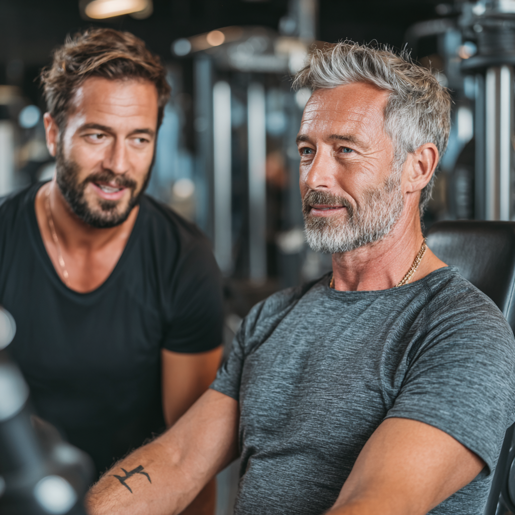Professional fitness trainer aged 50 providing guidance to adult client during trial workout session in well-equipped modern gym facility